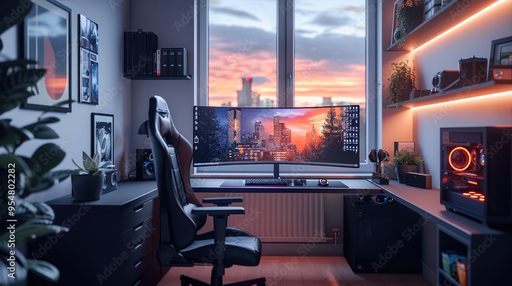 Poster Simple concept of gaming room in small long room with one window at the front, gaming computer on desk with chair. Generative AI.