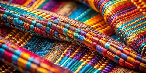 Photo image of intricately woven silk fabric with threads and patterns magnified, revealing textures and colors in extreme close-up.