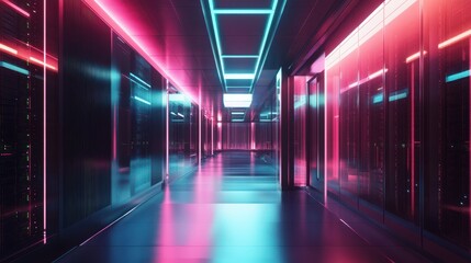 Fototapeta premium Neon-Lit Futuristic Hallway: A Vibrant Technological Landscape