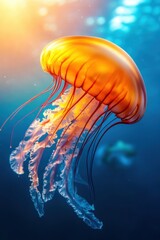 A vibrant jellyfish glides gracefully through sunlit waters in an enchanting underwater world