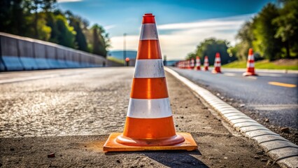 A traffic cone stands sentinel in front of a blocked asphalt stretch, flanked by a petite construction sign