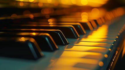 Obraz premium A detailed warm image of piano keys, showing the texture and reflections on the black and white keys