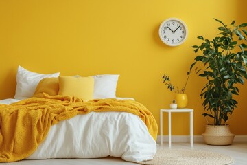 Modern bedroom featuring yellow accents, white furniture, a wall clock, and a potted plant for a fresh look.