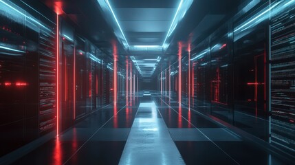 Fototapeta premium Futuristic Data Center Corridor with Glowing Red and Blue Lights