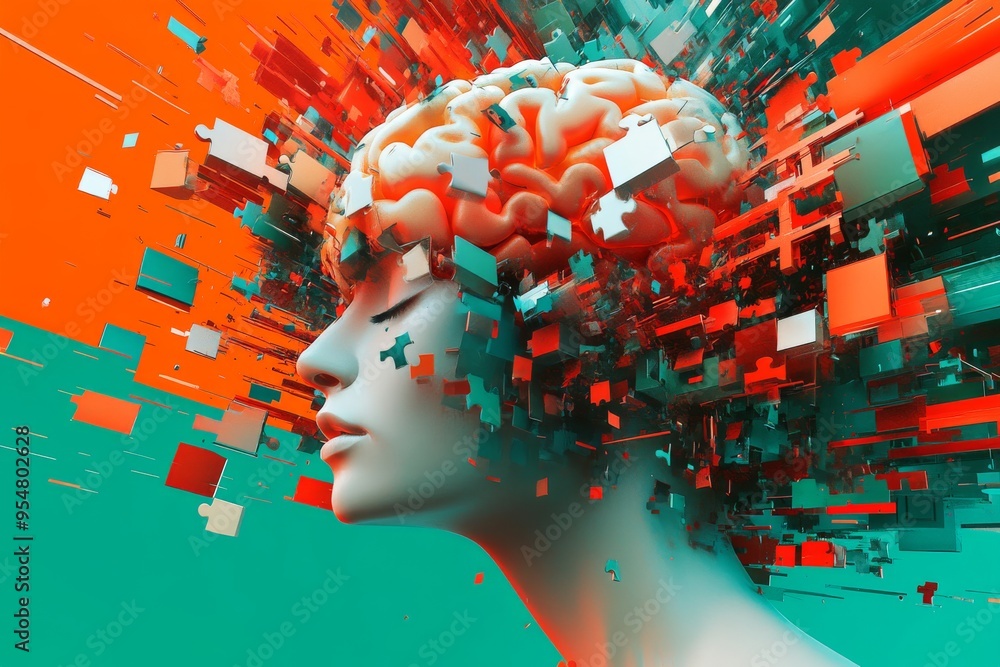 Poster behavioral therapy psychopharmacology abstract digital head exploding into colorful blocks symbolizi