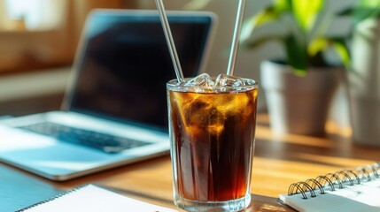 Cold Brew Coffee with Metal Straw on a Modern Office Desk with Laptop and Notebooks - Refreshing Workday Scene. AI generated illustration