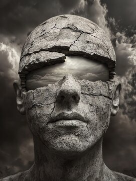 Abstract weathered stone man with cracked texture under dramatic sky
