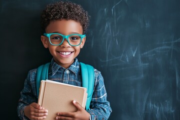 Happy young boy in glasses with backpack and book, standing against chalkboard background, ready for school.
