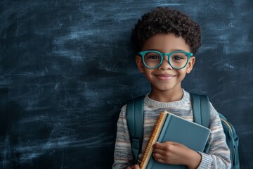 Happy child wearing glasses and backpack, standing against chalkboard background, holding books and ready for school.