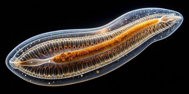 A photo image of a transparent planarian flatworm split in two, its organs and muscles exposed, glistening with a fine layer of moisture.