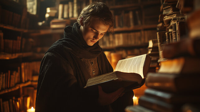 An old-fashioned library filled with ancient books, dimly lit by candlelight, a young scholar in medieval attire reading a large, dusty tome