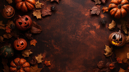 dark rustic halloween background with carved pumpkins, autumn leaves and spiders, spooky and atmospheric scene for halloween designs