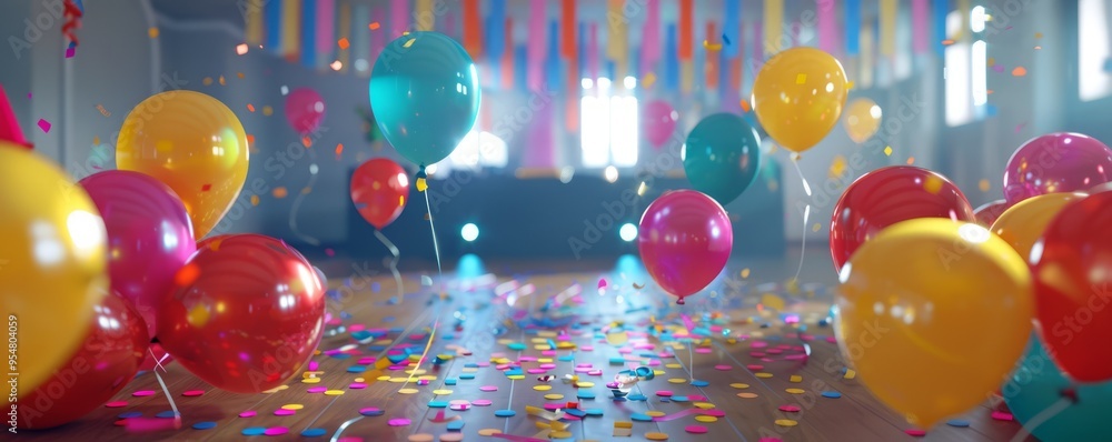 Wall mural Graduation party with colorful balloons and streamers, 4K hyperrealistic photo