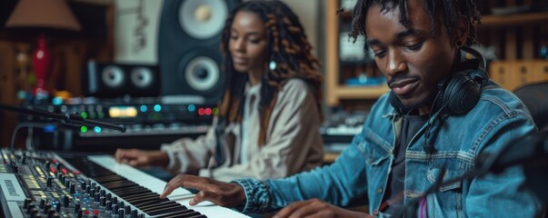Obraz premium Black man playing synthesizer in studio, creating music with focus and passion. Free copy space for text.