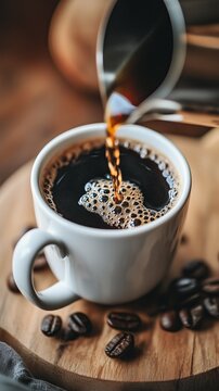 Close-up of hot black coffee being poured into a white cup, surrounded by coffee beans on a wooden surface.