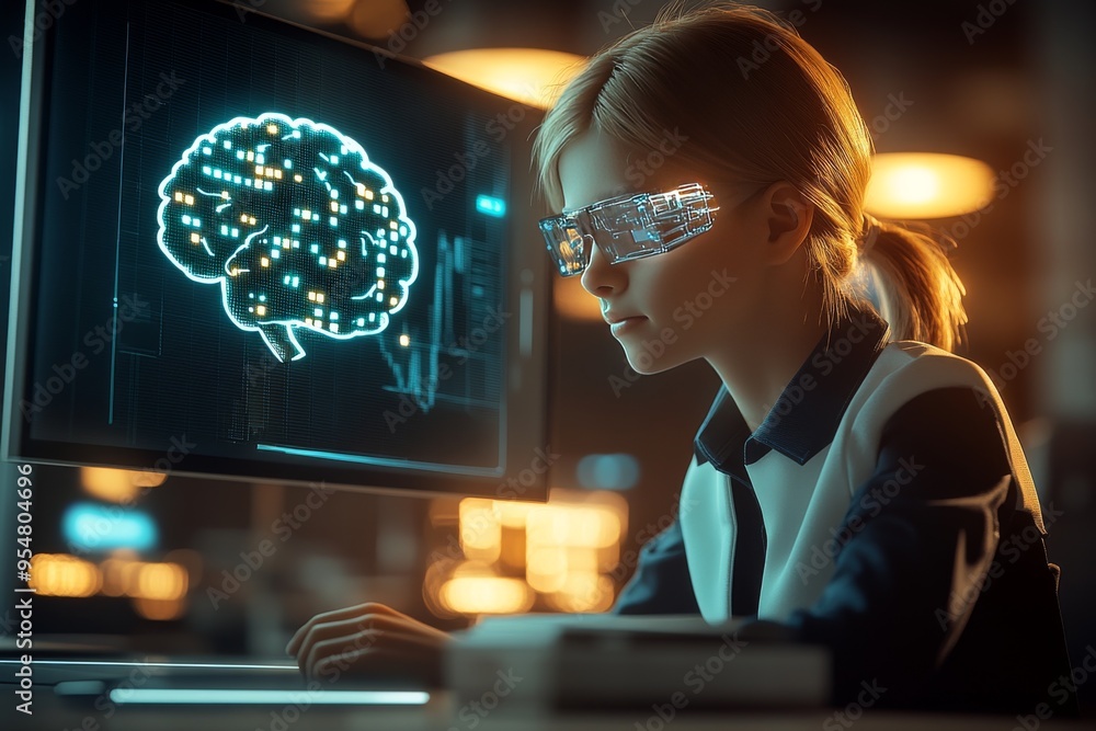 Poster neurotransmitter system brain mapping close up of a woman analyzing a digital brain model symbolizin