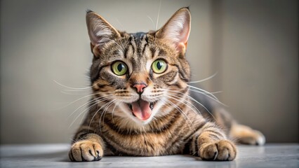 Naklejka premium A whimsical cat with a goofy grin and flailing limbs, caught in the act of knocking over a