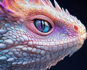 Naklejka premium An up-close view of the eye and head of a pink and white dragon with rainbow-colored scales and glitter on its back