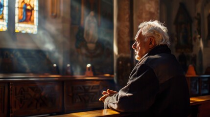 Obraz premium A man sits in a church pew, looking out the window