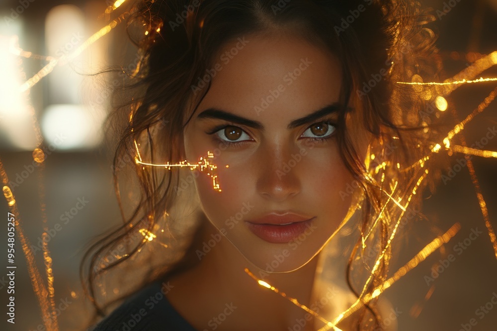 Poster cognitive decline brain mapping close up portrait of a woman with glowing neural threads symbolizing