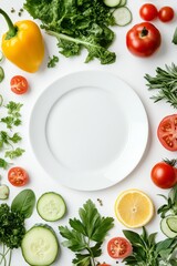 A white plate placed in the center amidst an array of fresh vegetables including tomatoes, cucumbers, and leafy greens.