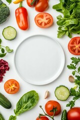 Top view of an empty white plate surrounded by fresh vegetables, ready for salad preparation or culinary presentation.