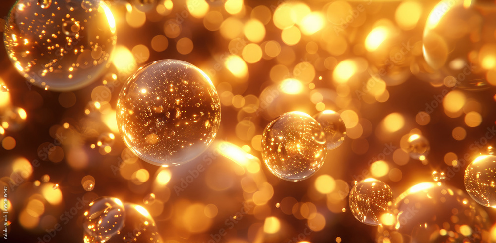 Poster the brilliant golden light effect shines on countless shiny transparent light spheres, making the tr