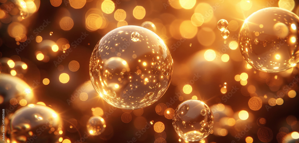 Poster the brilliant golden light effect shines on countless shiny transparent light spheres, making the tr
