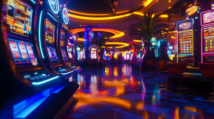 Obraz premium casino machine. The image is set inside a vibrant casino, with a lively atmosphere. The background includes elements like slot machines, bright lights, and other casino games
