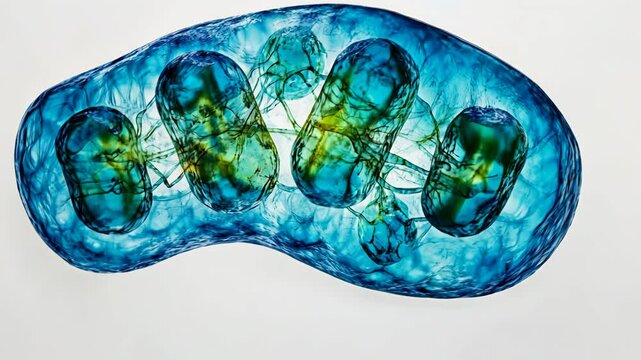 Close-up of a cell division process showcasing colorful mitochondria in a vibrant scientific illustration