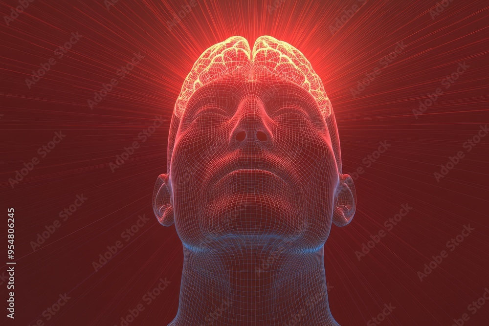 Poster mind body connection brain mapping low angle view of a man with a glowing red brain symbolizing inte