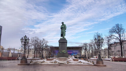 Monument to russian poet Alexander Pushkin on Pushkin Square timelapse hyperlapse, Moscow, Russia