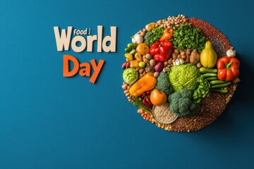 World Food Day Poster: A creative design featuring the Earth made up of various food items fruits, vegetables, grains, and spices. The text "World Food Day" is prominently displayed at the top, with 