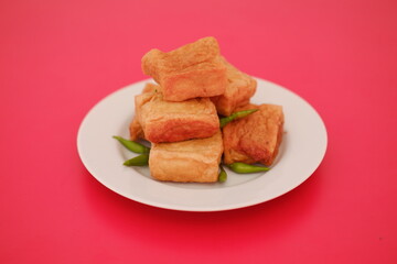 Tahu Bakso, Indonesian traditional snack made from tofu and beef. Served in white plate.