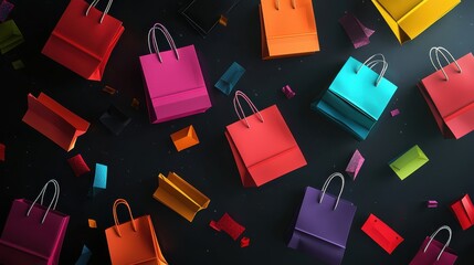 Obraz premium Colorful Shopping Bags and Price Tags Floating on Black Background