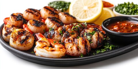 Grilled Scallops, Shrimp, and Lemon with Spicy Dipping Sauce
