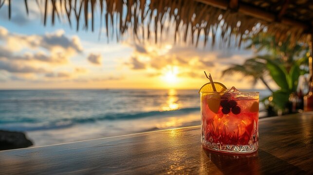 Tropical Rum Punch on Bamboo Bar with Caribbean Sunset. AI generated illustration