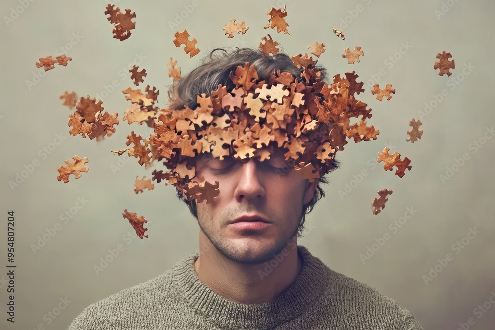 Poster decision fatigue brain mapping young man portrait with puzzle pieces falling from his head symbolizi