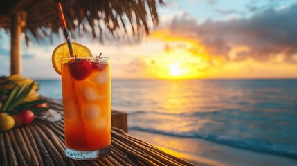 Tropical Rum Punch on Bamboo Bar with Caribbean Sunset. AI generated illustration