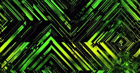 A vibrant abstract design featuring sharp, angular lines in shades of green and black, creating a dynamic visual effect.