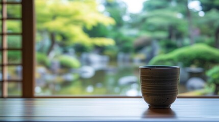 Serene Sake in Traditional Ceramic Cup with Japanese Garden View. AI generated illustration