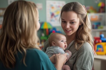 A young mother cradling her baby while talking to a pediatrician in an office. The soft colors and toys in the background convey a caring and supportive environment for families.
