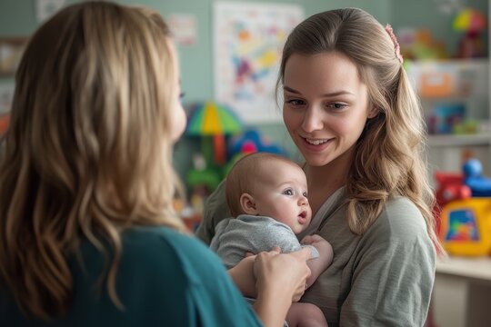 A young mother cradling her baby while talking to a pediatrician in an office. The soft colors and toys in the background convey a caring and supportive environment for families.