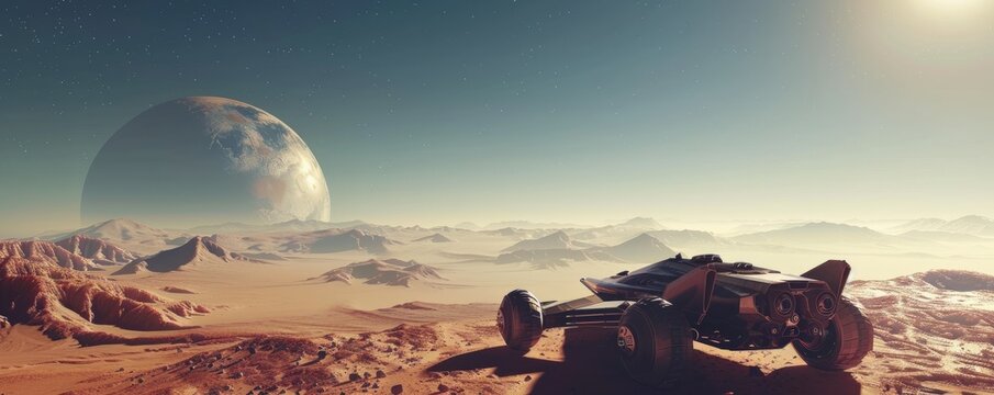 Space vehicle on a desert-like planet, 4K hyperrealistic photo