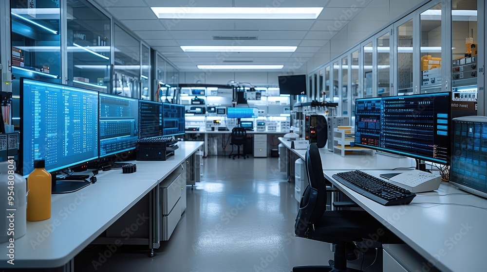 Aufkleber A lab setup with advanced sequencers, large digital displays showing data. Generative AI.