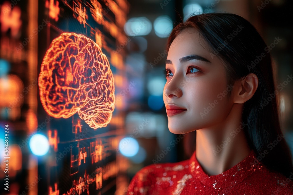 Poster brain plasticity brain mapping portrait of a woman in red with glowing neural patterns symbolizing t