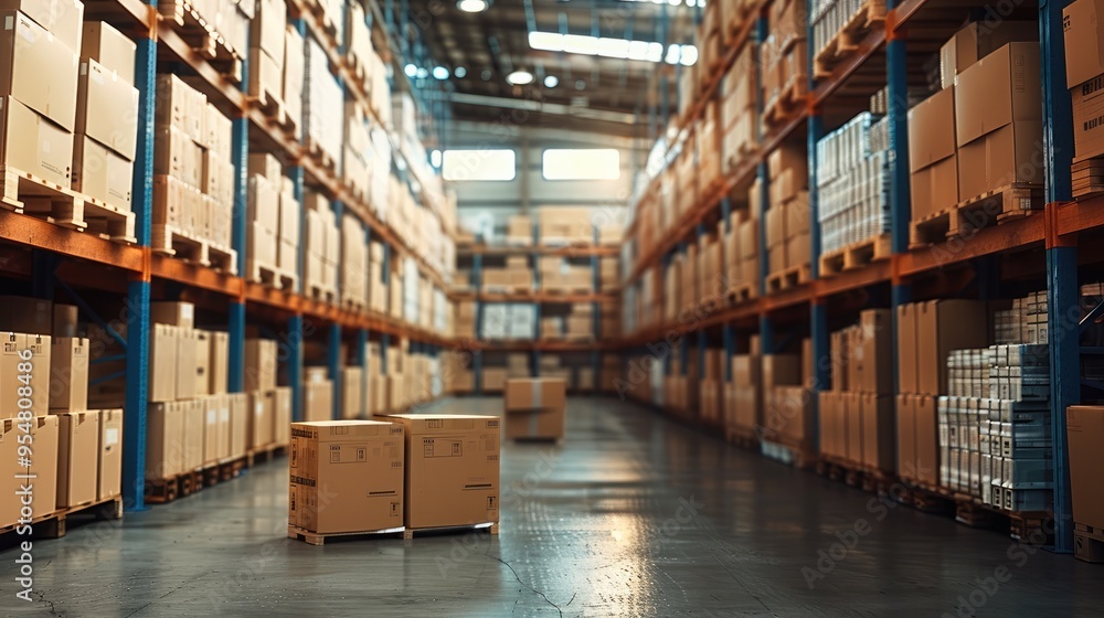 Leinwandbilder a warehouse with pallets of goods and boxes, ready for delivery. the focus is on the pallet with var
