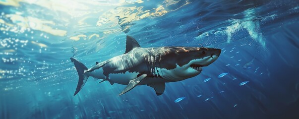Fototapeta premium Magnificent great white shark patrolling the open ocean, 4K hyperrealistic photo