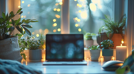 A cozy, minimalist home office with a blurred background, perfect for Zoom meetings, featuring a clean desk with a laptop and a few plants. Generative AI.