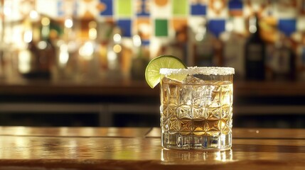 Tequila with Lime and Salt Rim on Mexican Bar Counter. AI generated illustration